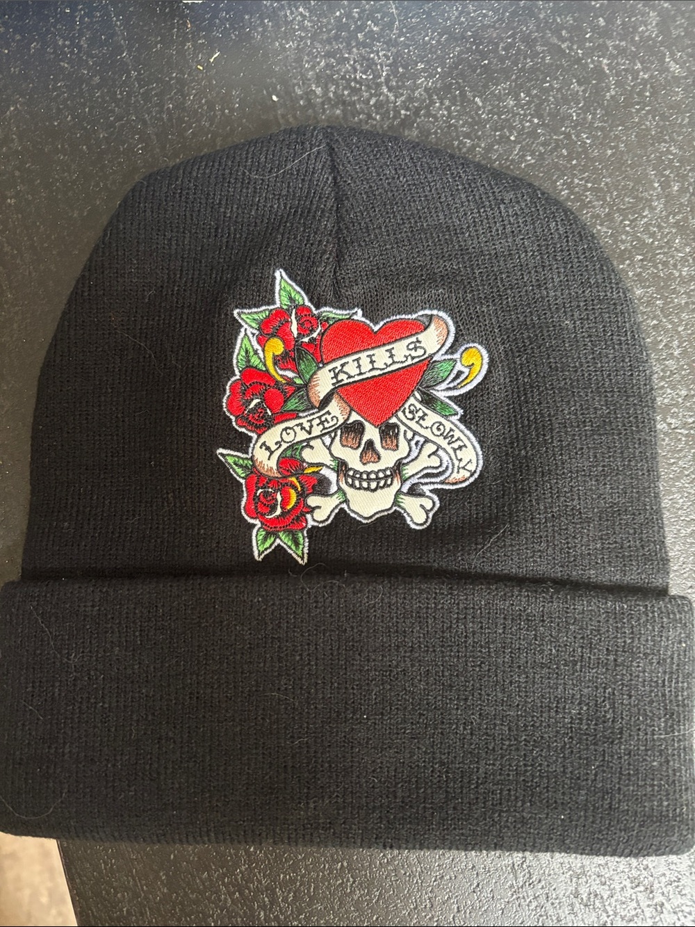 Ed hardy Black Beanie with Skull & Heart Patch new